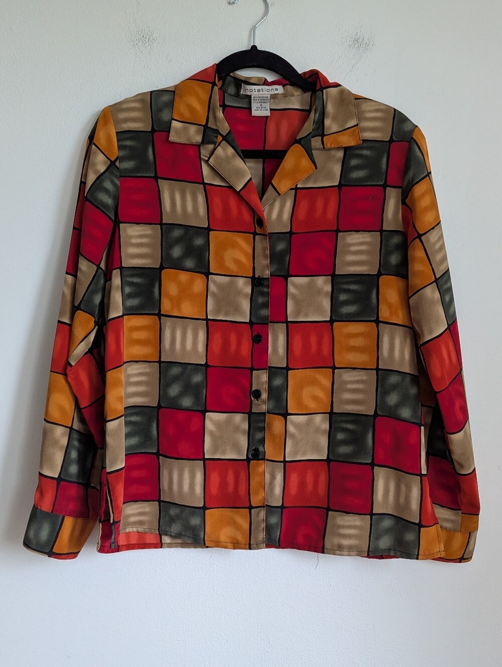Vintage Notations Colorblock Checked Blouse In Fall Colors S